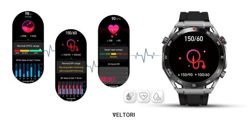 Smartwatch Veltori VT100-1 + Czarny Pasek Silikonowy + Czarny Eko Skóra