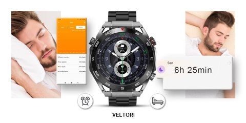 Smartwatch Veltori VT100-1 + Czarny Pasek Silikonowy + Czarny Eko Skóra